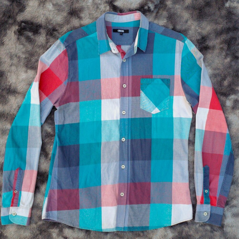 ASOS flannel button up long sleeve dress shirt plaid tartan colorful blue red
